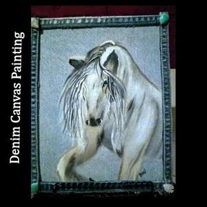 Denim Canvas Painted Horse with Stand